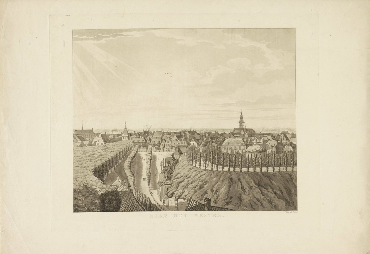 Nijmegen, utsikt från Belvédère mot väster Till väst (titel på objekt) Sevärdheter runt staden Nijmegen (serietitel) Geldersch panorama eller rund vy av livet ritad på Belvedere i Nymegen (serietitel) av Derk Anthony van de Wart