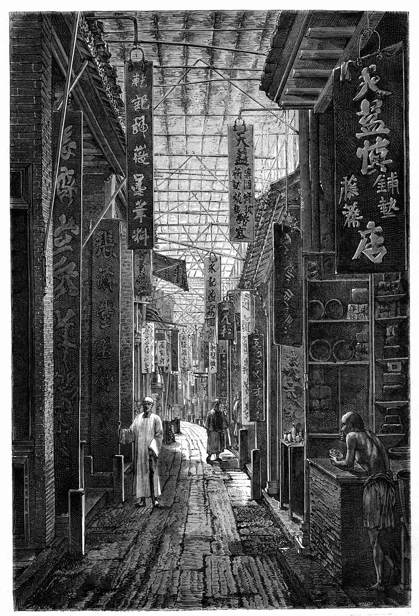 Vy över apoteksgatan i Guangzhou (Guangzhou). Gravyr efter en teckning av Deroy, i "" Le Tour du Monde, Nouveau journal des Voyages", redigerad av Edouard Charton, Paris av Deroy (after)
