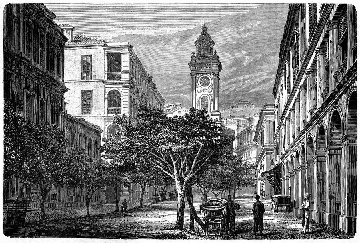 Utsikt över det historiska klocktornet i Hong Kong. Gravyr efter en teckning av Deroy, i "" Le Tour du Monde, Nouveau journal des Voyages", redigerad av Edouard Charton, Paris av Deroy (after)