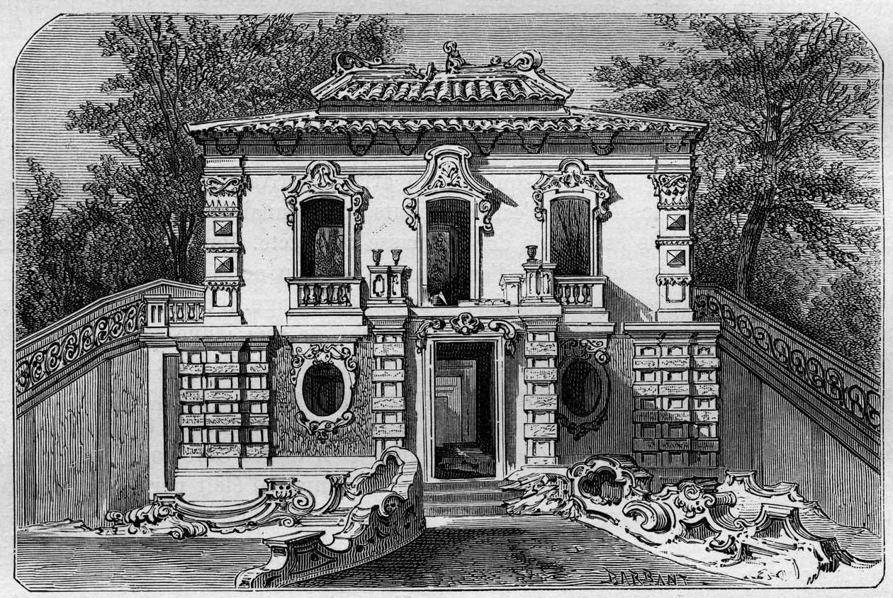 Yuanmingyuan European Palace, den perfekta Clarte Garden vid Ete Palace nära Pekin (Peking). Gravyr efter en teckning av Deroy, i "" Le Tour du Monde, Nouveau journal des Voyages", redigerad av Edouard Charton, Paris av Deroy (after)