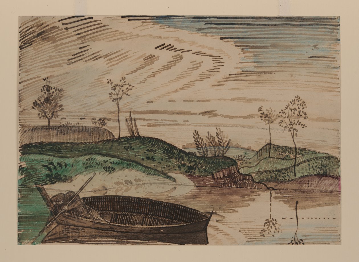 Vid floden Bsura, Polen, ca 1915 (akvarell, blyerts och krita på papper) av Derwent Lees