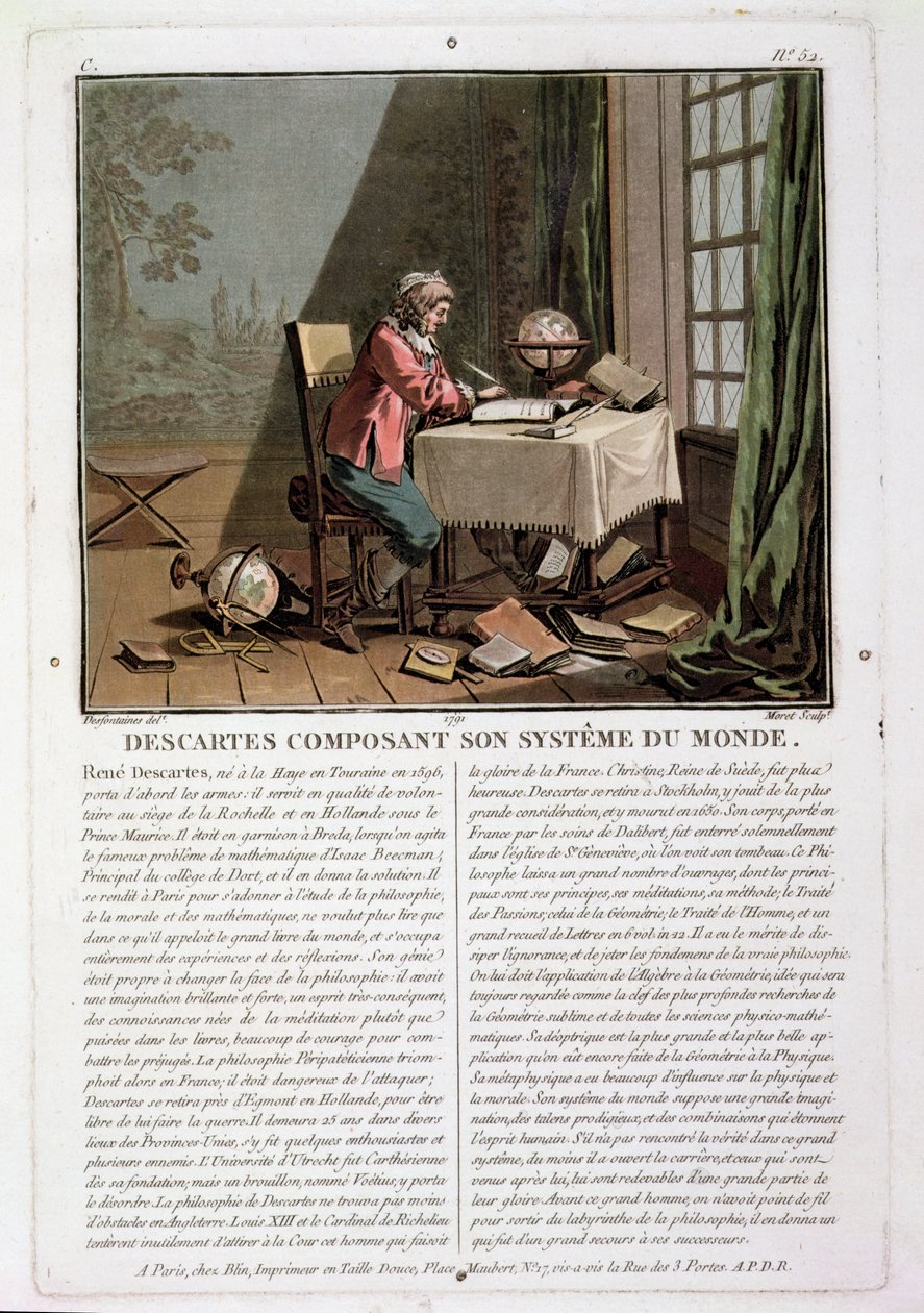 Rene Descartes (1596-1650) skriver sitt världssystem, graverad av Jean Baptiste Moret (fl.1790-1820), 1791 av Desfontaines