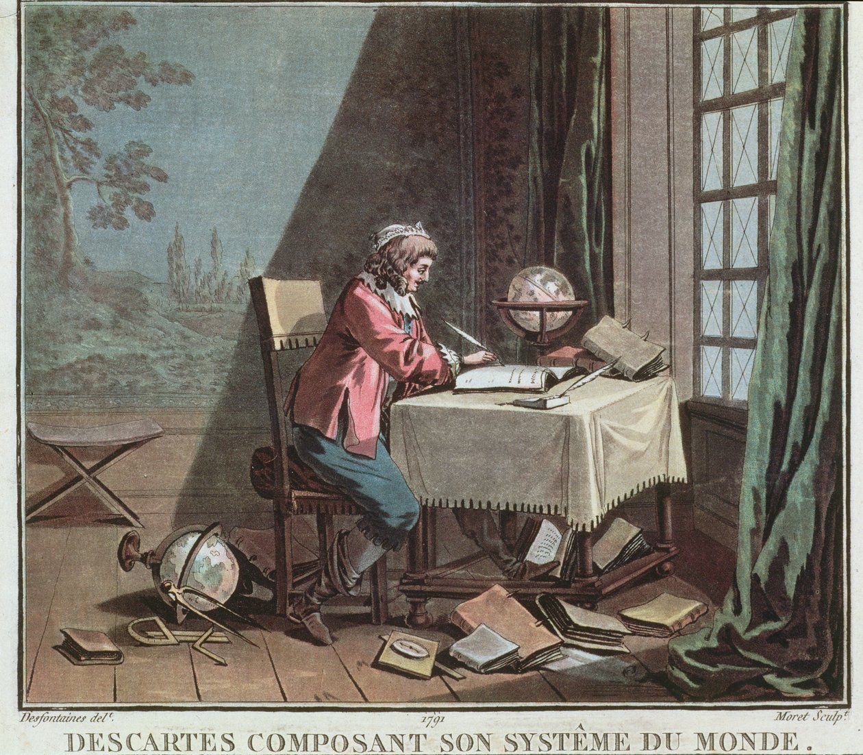 Rene Descartes (1596-1650) skriver sitt världssystem, graverat av Jean Baptiste Moret (fl.1790-1820), 1791 av Desfontaines