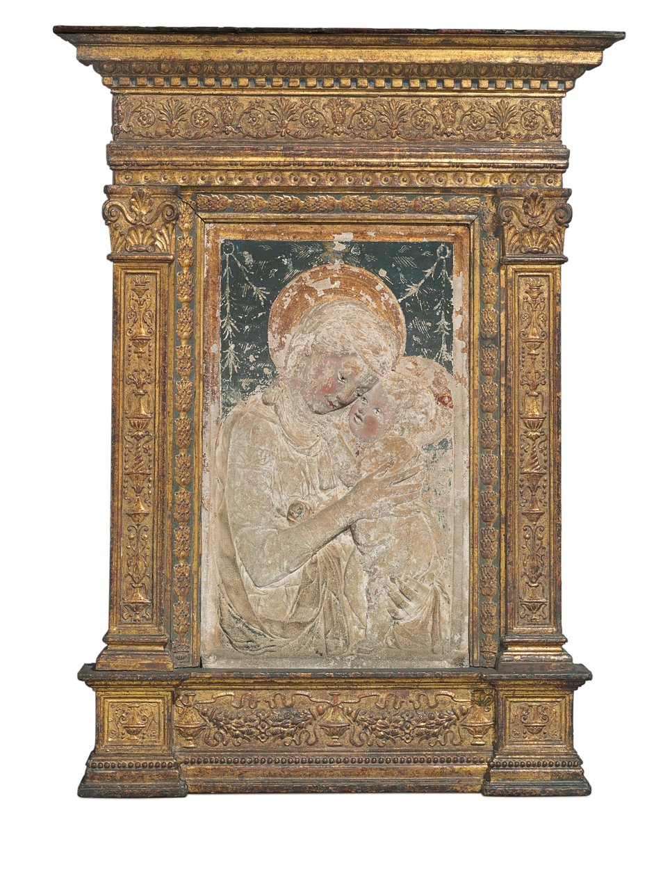 Relief av Jungfrun och barnet (förgylld och polykrom stuckatur) av Desiderio da Settignano (after)