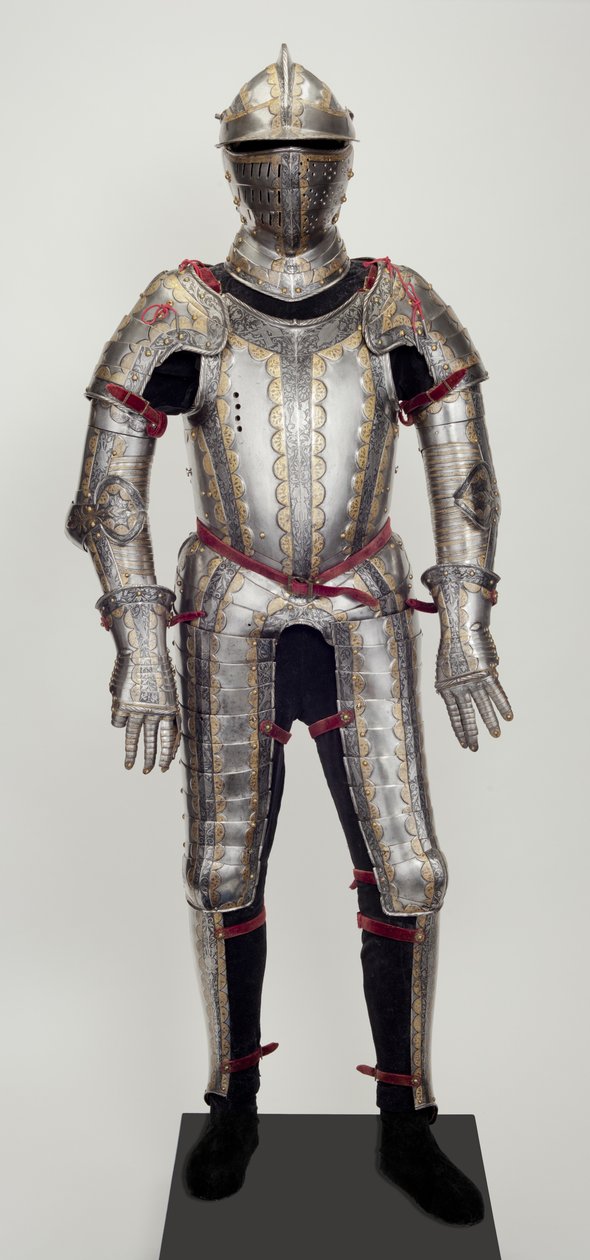 Fältrustning, från en garniture, troligen gjord för Ludwig Ungnad von Weissenwolf auf Sunegg, c.1552 (stål med präglad, etsad, svärtad och förgylld dekoration, med modern mässing, sammet, läder och stål) av Desiderius Helmschmid