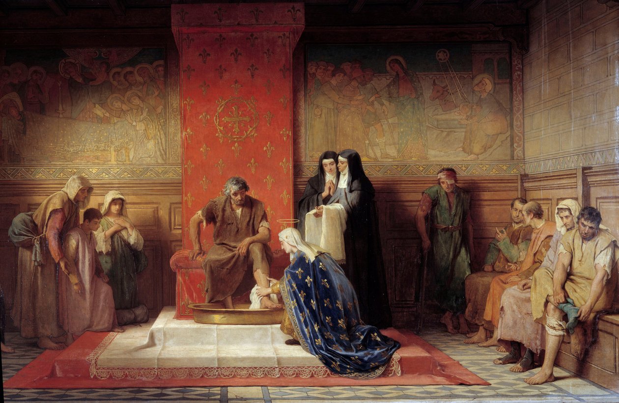 Saint Elisabeth av Frankrike (syster till Saint Louis) tvättar fötterna på de fattiga Målning av Desire Laugee (1823-1896) 1865 av Desire Francois Laugee