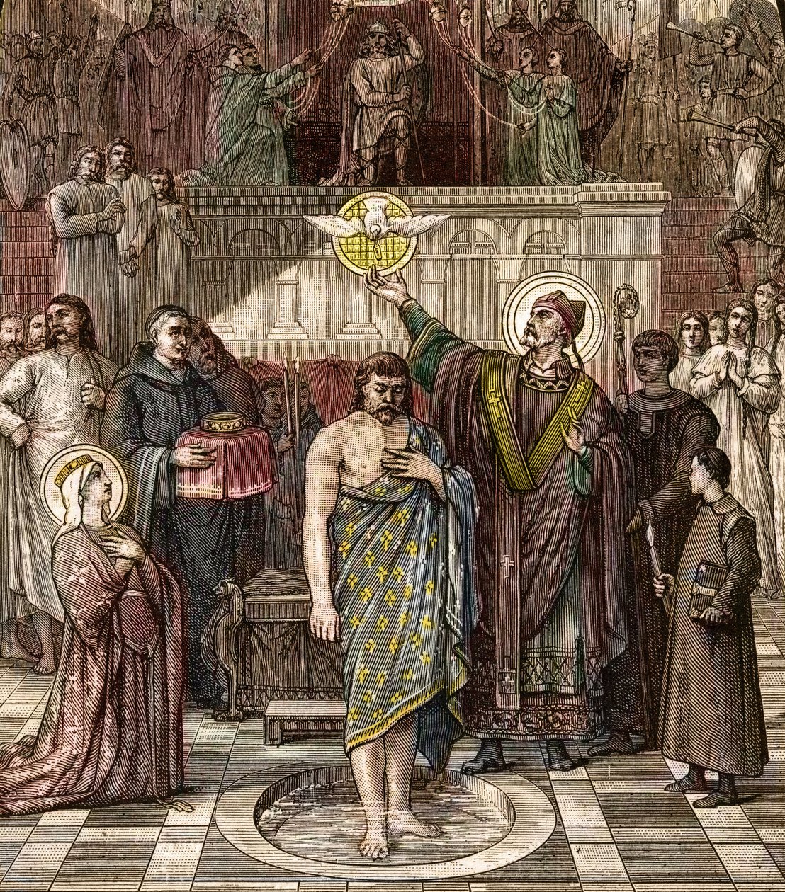 Saint Remigius döper Clovis i Reims - Dopet av frankernas kung Clovis I (466-511) i Reims av Eveque Saint Remi den 25/12/496 (eller 499) - gravyr efter målningen av Desire Francois Laugee av Desire Francois Laugee