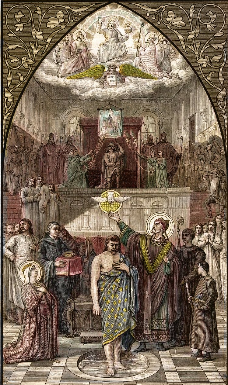 Saint Remigius döper Clovis i Reims - Dopet av frankernas kung Clovis I (466-511) i Reims av Eveque Saint Remi den 25/12/496 (eller 499) - gravyr efter målningen av Desire Francois Laugee av Desire Francois Laugee