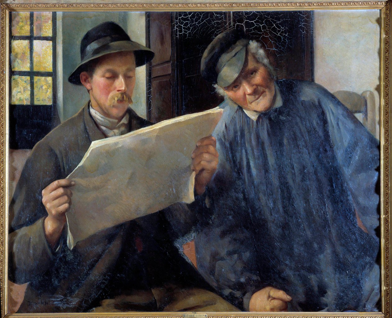 Nyheter Läser tidningen. Målning av Desire Lubin (1854-1929) 1900-talets Orleans musee des Beaux Arts av Desire Lubin