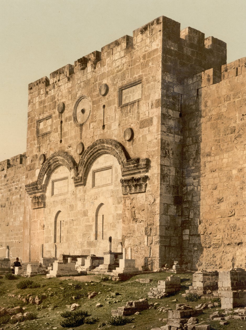 The Golden Gate (exteriör), Jerusalem, Heliga Land, c.1890-c.1900 (fotokromtryck) av Detroit Photographic Co.