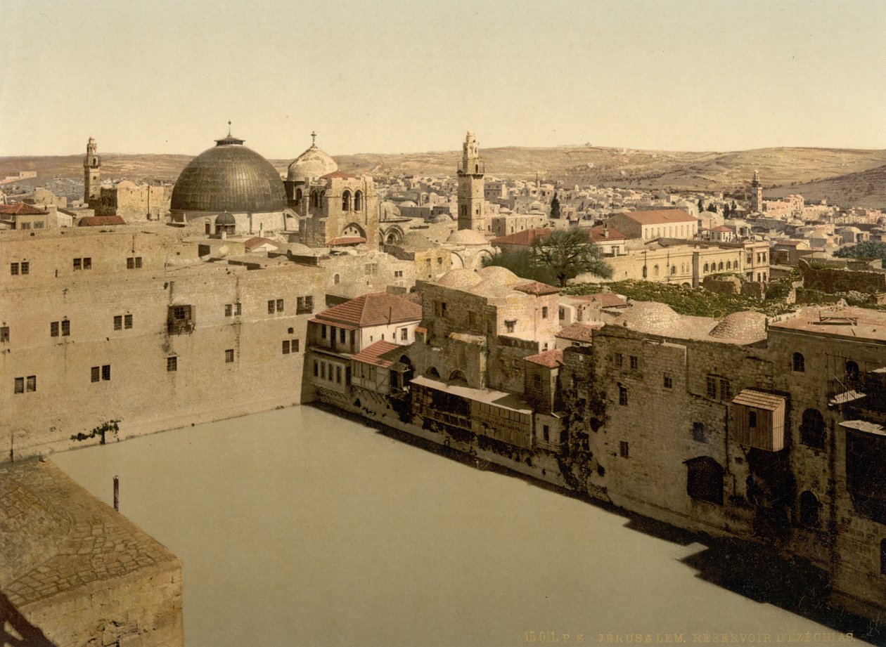 Hiskias pool, Jerusalem, Heliga landet, c.1890-c.1900 (fotokromtryck) av Detroit Photographic Co.