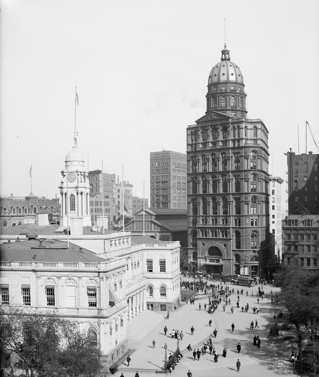 City Hall and World Building, New York City, USA, ca 1905 (s/v foto) av Detroit Publishing Co.