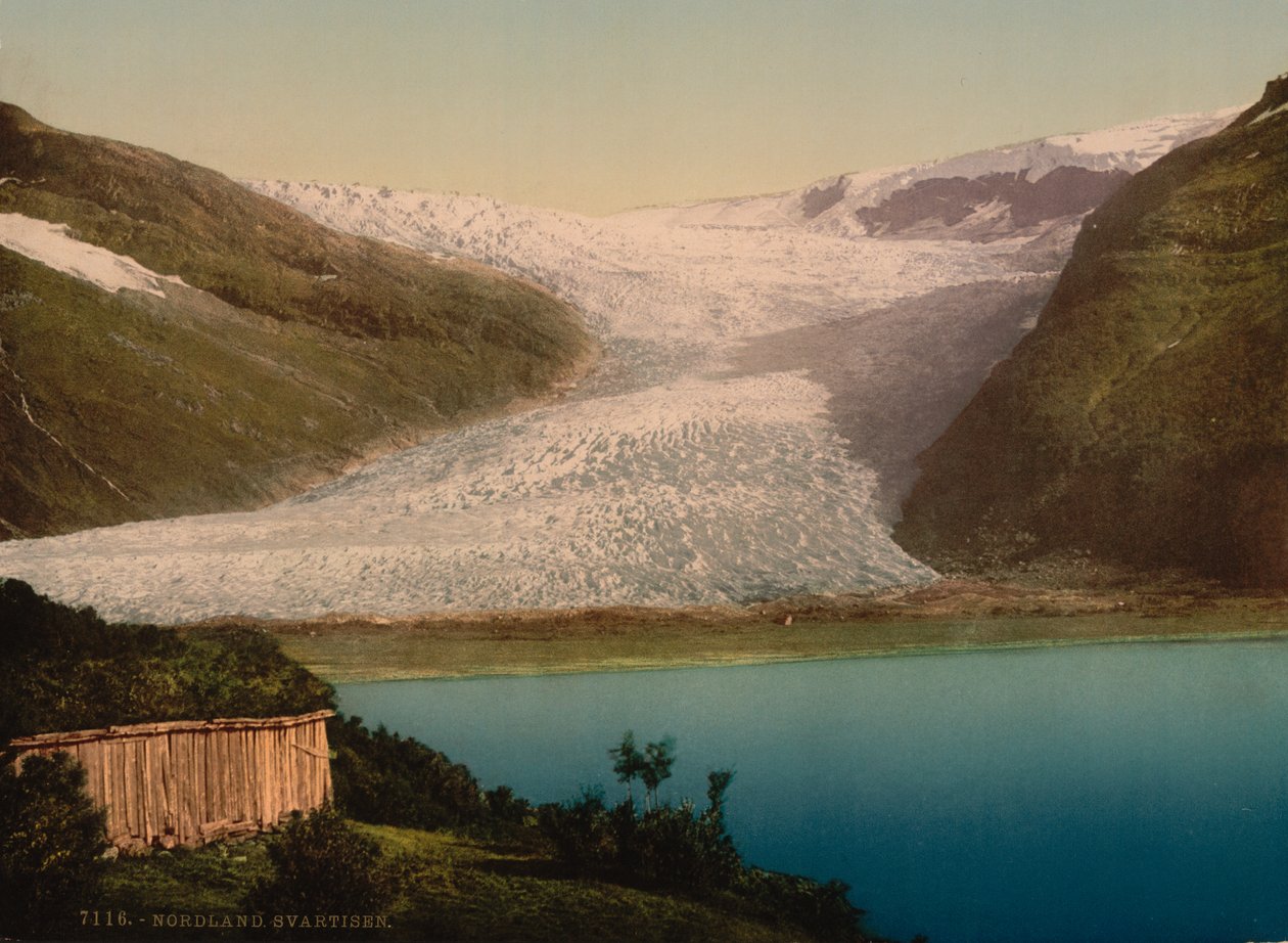 Glaciär, Svartisen, Norge, Fotokromtryck, ca 1900 av Detroit Publishing Co.