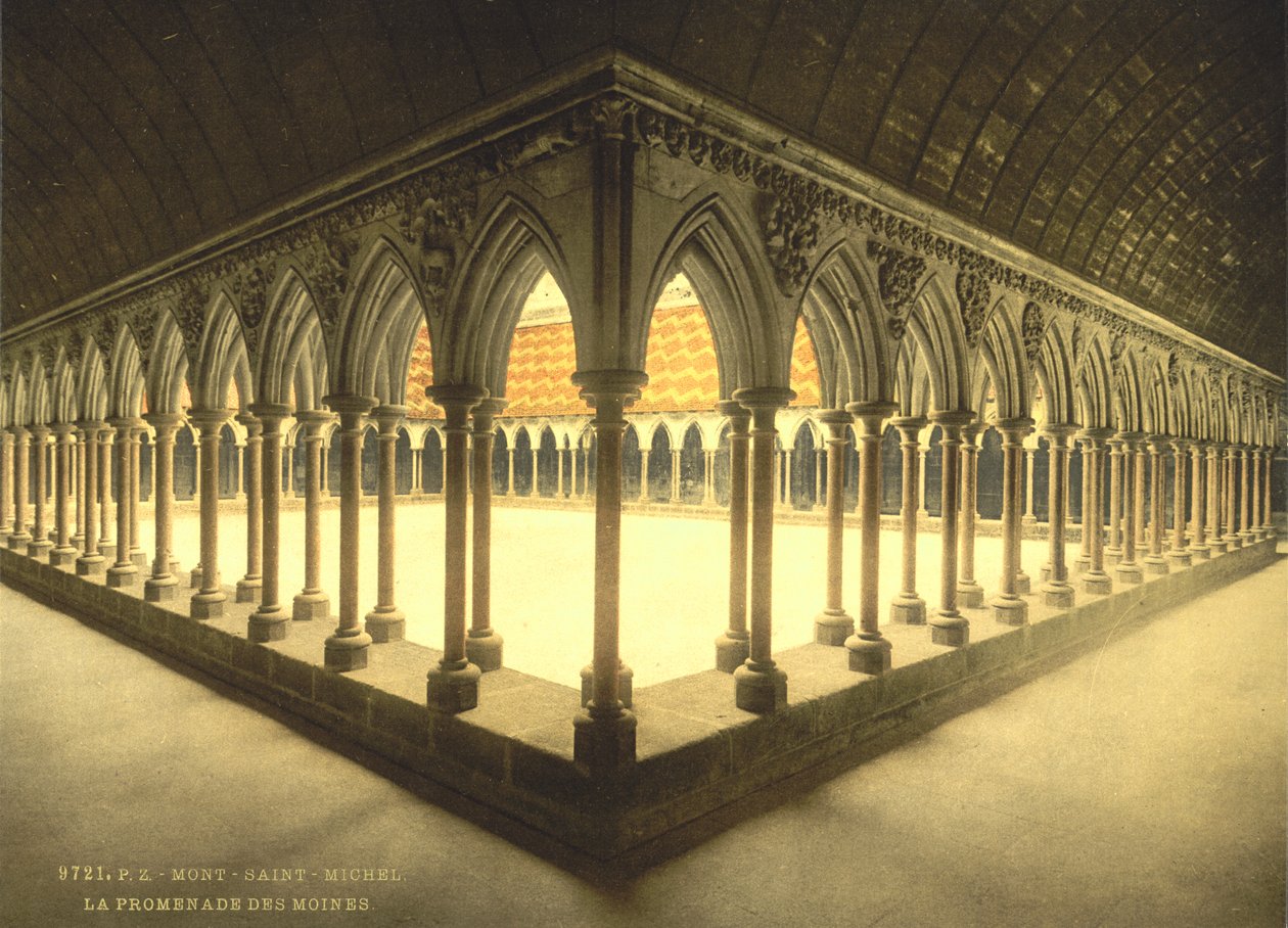 Monks" Promenade, Mont Saint-Michel, Frankrike, fotokromtryck, ca 1900 av Detroit Publishing Co.