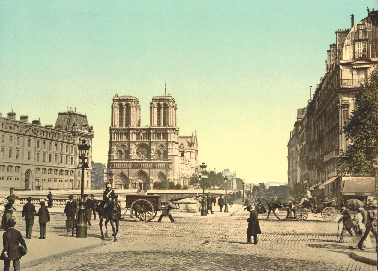 Notre Dame och St. Michael Bridge, Paris, Frankrike, ca 1900 av Detroit Publishing Co.