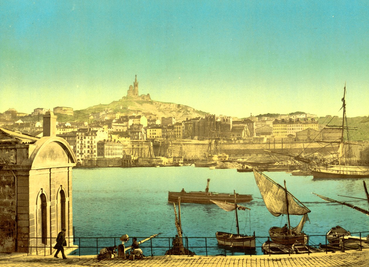 Notre Dame de la Garde från Quai de la Joilette, Marseilles, ca 1890-1900 (fotokromtryck)Frankrike, av Detroit Publishing Co.