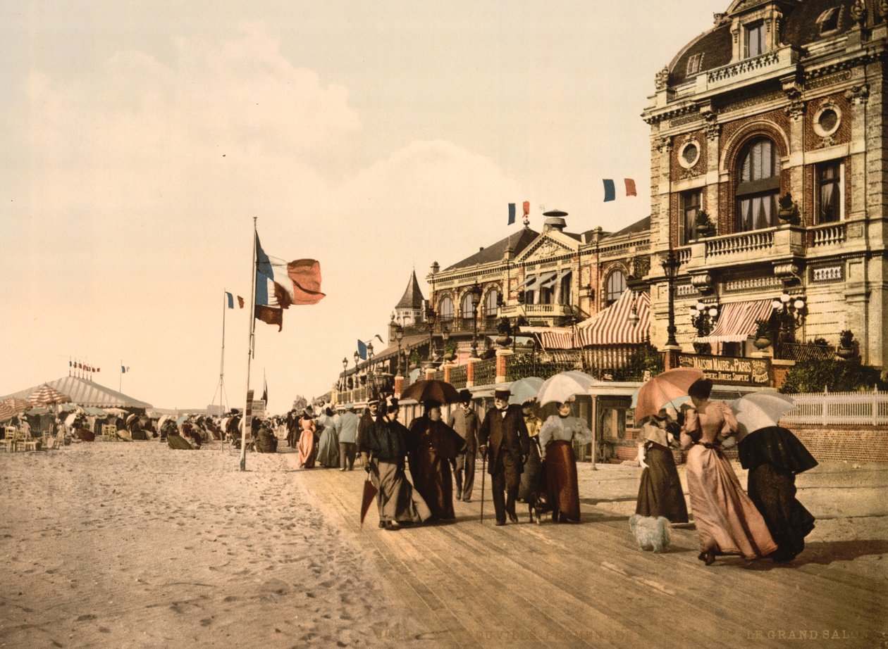 Promenade och Grand Salon, Trouville-sur-Mer, Frankrike, ca 1905 (färgat foto) av Detroit Publishing Co.