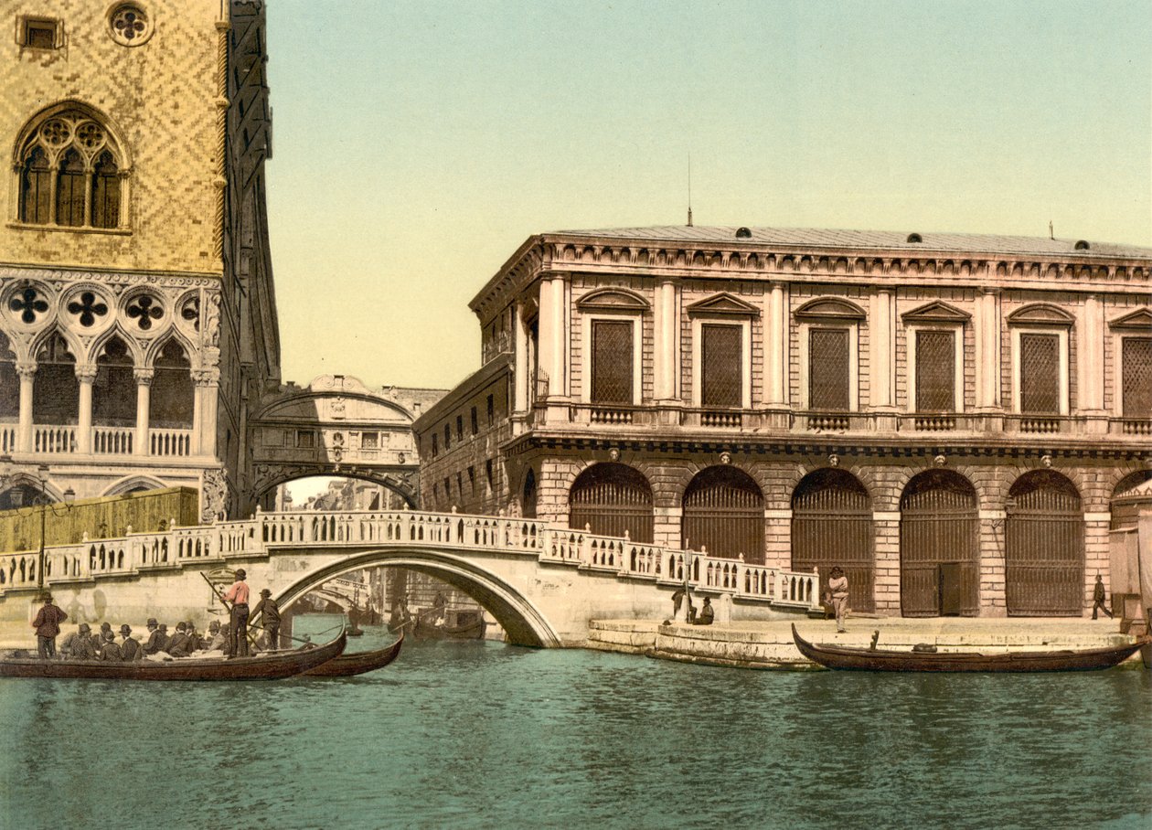 Straw Bridge med Suckarnas bro bakom, Venedig, 1890-1900 av Detroit Publishing Co.