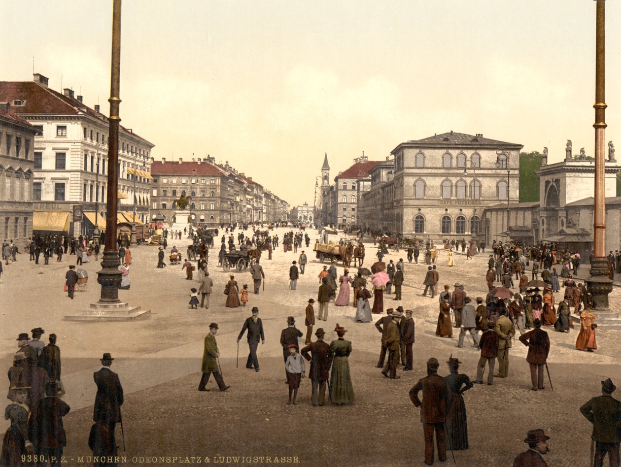 Gatubild, Odensplatz och Ludwigstrasse, München, Bayern, Tyskland, ca 1900 av Detroit Publishing Co.