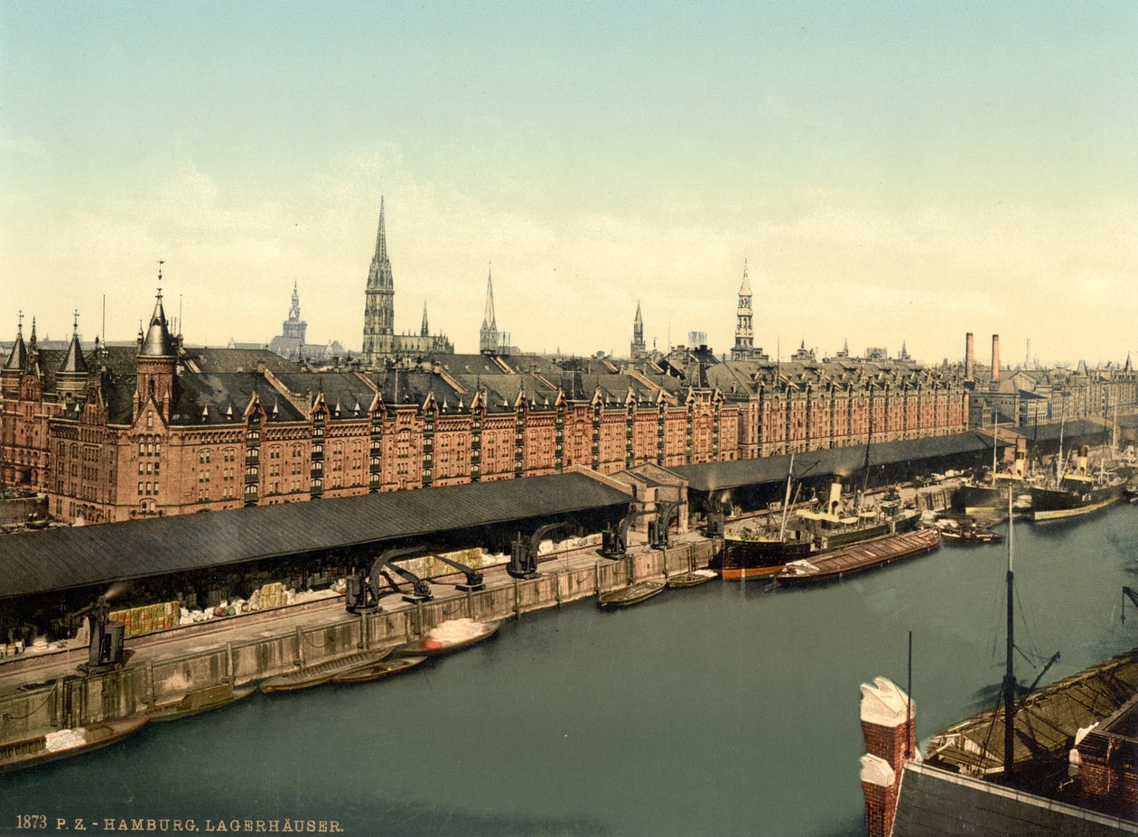 Lager vid hamnen, Hamburg, Tyskland, Photochrome Print, c.1900 av Detroit Publishing Co.