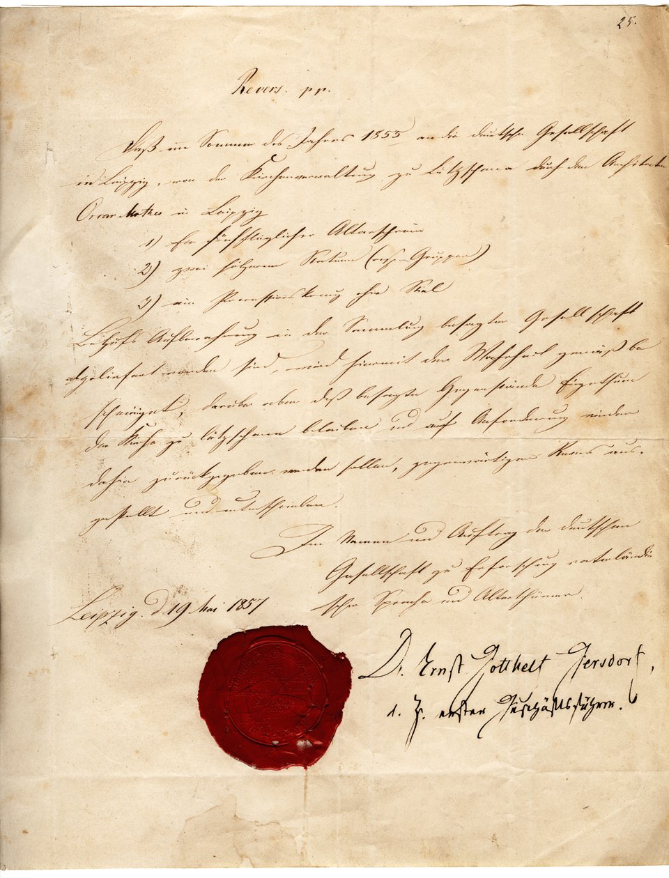 Revers av en -samhället för forskning om patriotiskt språk och antikviteter för Lützschena socken från 19 maj 1857 av Deutsche Gesellschaft zu Erforschung vaterländischer Sprache und Alterthümer