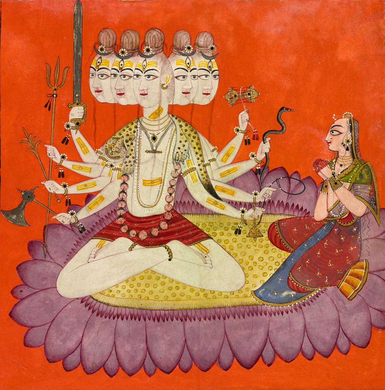 Sadashiva dyrkad av Parvati, ca 1690 (ogenomskinlig akvarell, guld och applicerad skalbagge på papper, ) av Devidasa (attr.to)