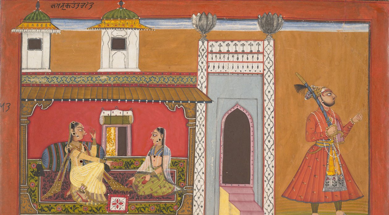 A Courtesan and Her Lover Estranged by a gräl: sida från en Rasamanjari-serie, 1694-95. av Devidasa of Nurpur