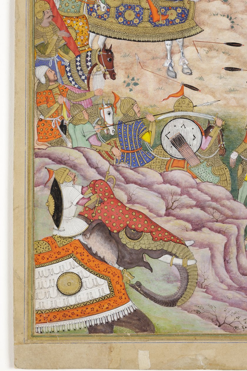 Detalj från Baburs trupper intar fästningen i Kabul, ca 1590-1600 (ogenomskinlig wc och guld på papper) av Dhannu, and Dharmdas Farrukh