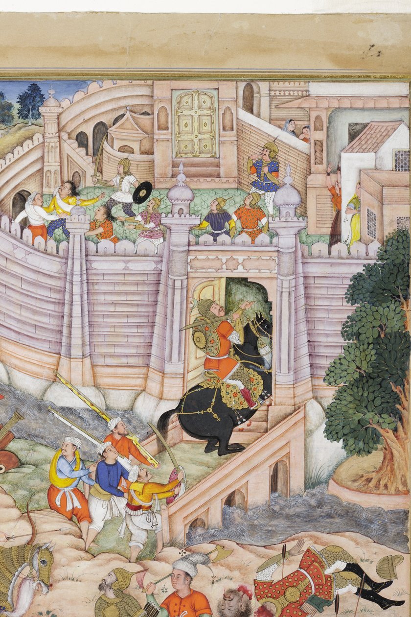 Detalj från Baburs trupper tar fästningen i Kabul, ca 1590-1600 (ogenomskinlig wc och guld på papper) av Dhannu, and Dharmdas Farrukh