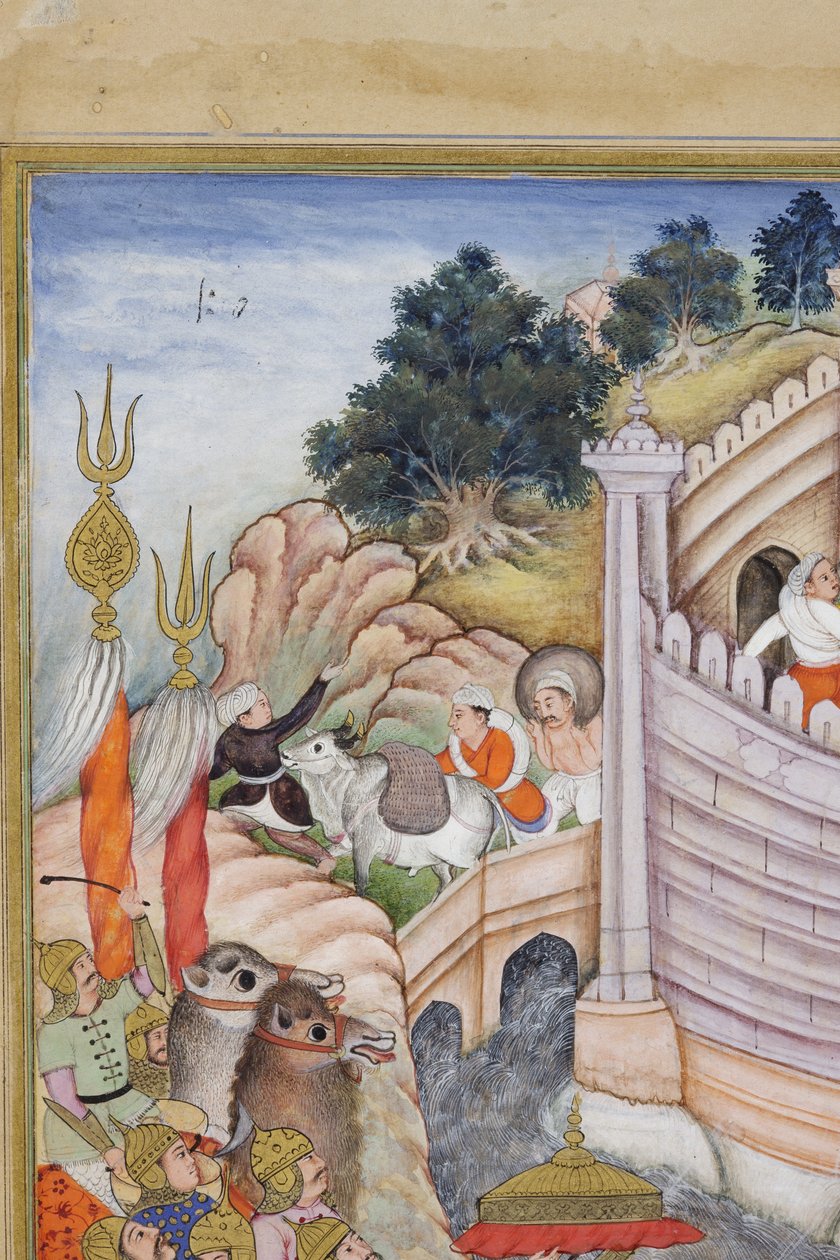 Detalj från Baburs trupper intar fästningen i Kabul, ca 1590-1600 (ogenomskinlig wc och guld på papper) av Dhannu, and Dharmdas Farrukh