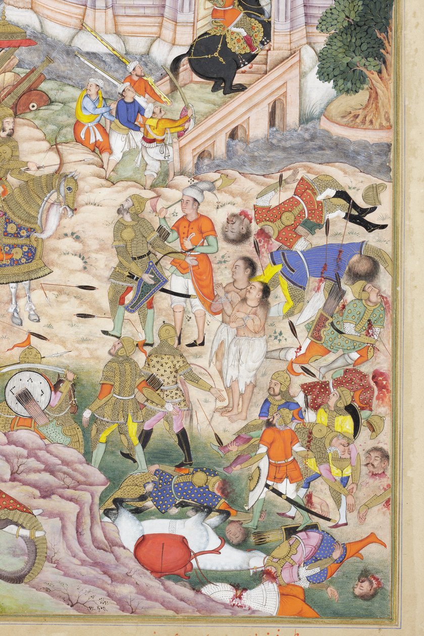 Detalj från Baburs trupper intar fästningen i Kabul, ca 1590-1600 (täckande akvarell  guld på papper) av Dhannu & Dharmdas Farrukh