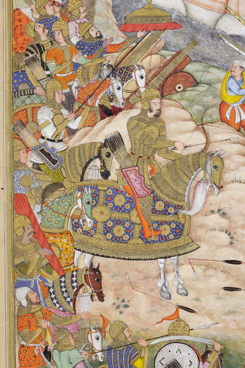 Detalj från Baburs trupper tar fästningen i Kabul, ca 1590-1600 (ogenomskinlig wc och guld på papper) av Dhannu, and Dharmdas Farrukh