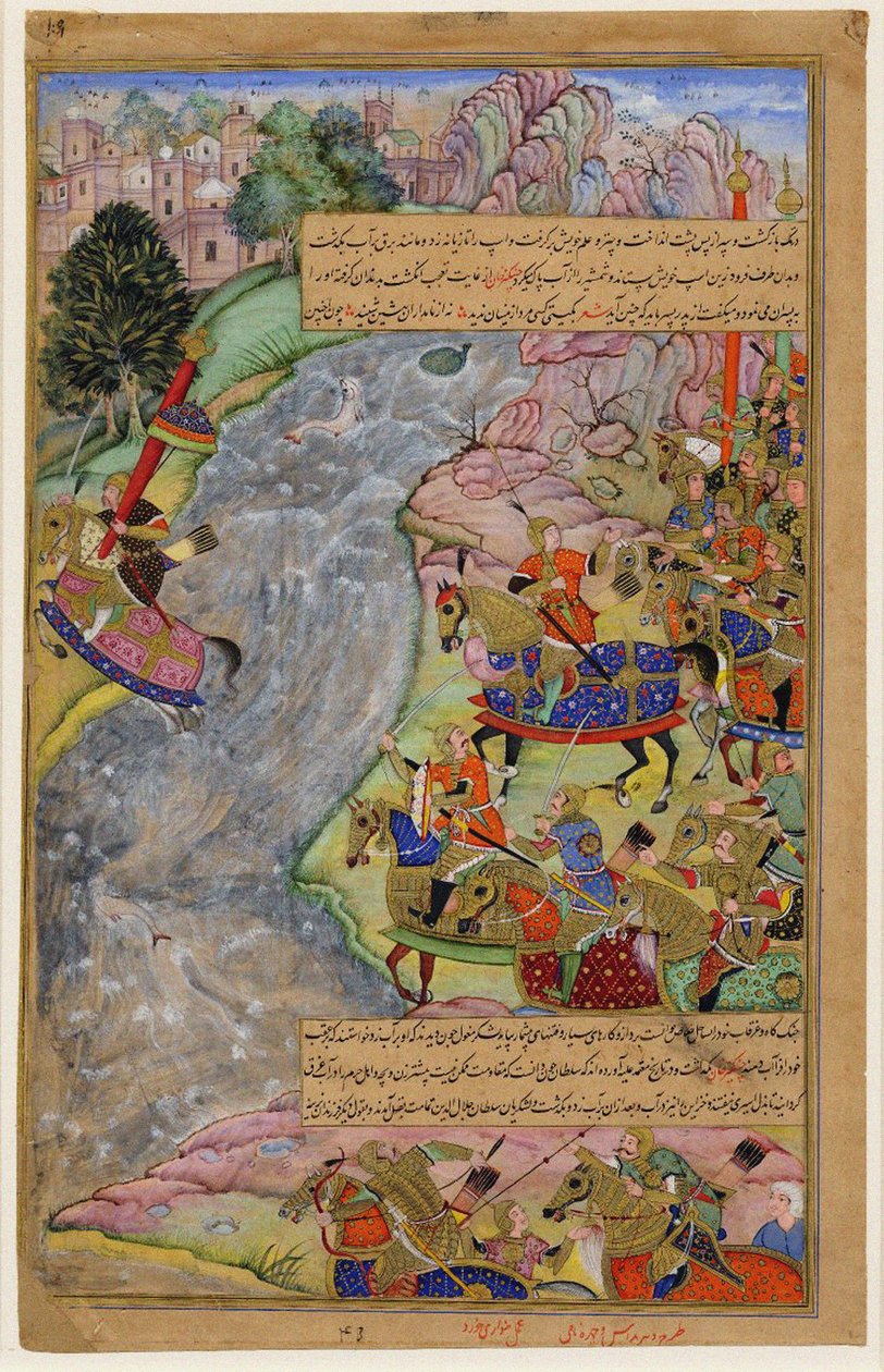 Jalal al-Din Khwarazm-Shah korsar den snabba Indusfloden och flyr Chinggis Khan och hans armé, 1597 av Dharm Das