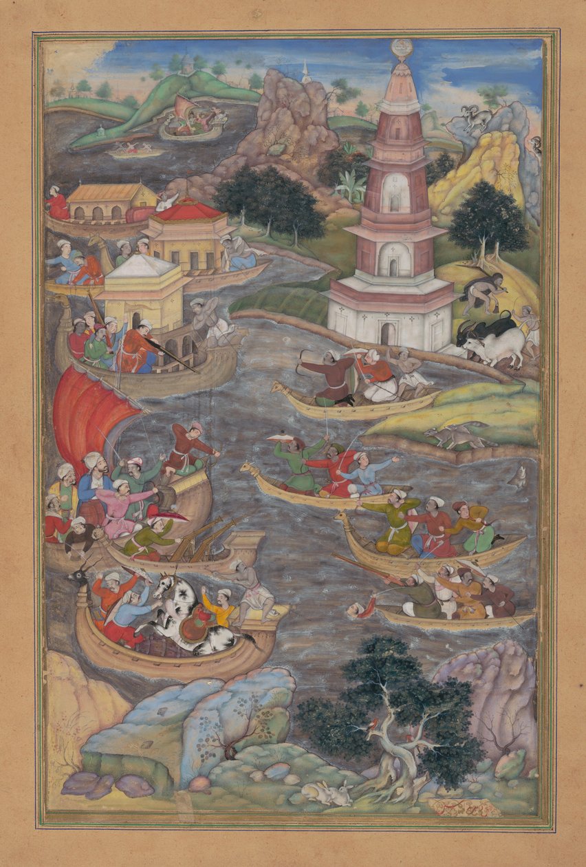 Alexander Fights a Sea Battle, Folio från en Khamsa Quintet av Amir Khusrau Dihlavi, 1597-98. av Dharmadas