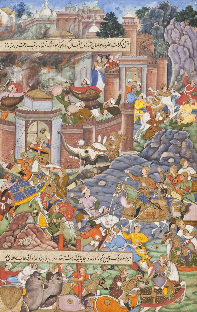 Sultan Bahadurs flykt under Humayuns 1535 års kampanj i Gujarat, ca 1590 (opak akvarell, guld och bläck på papper) av Dharmdas Dharmdas