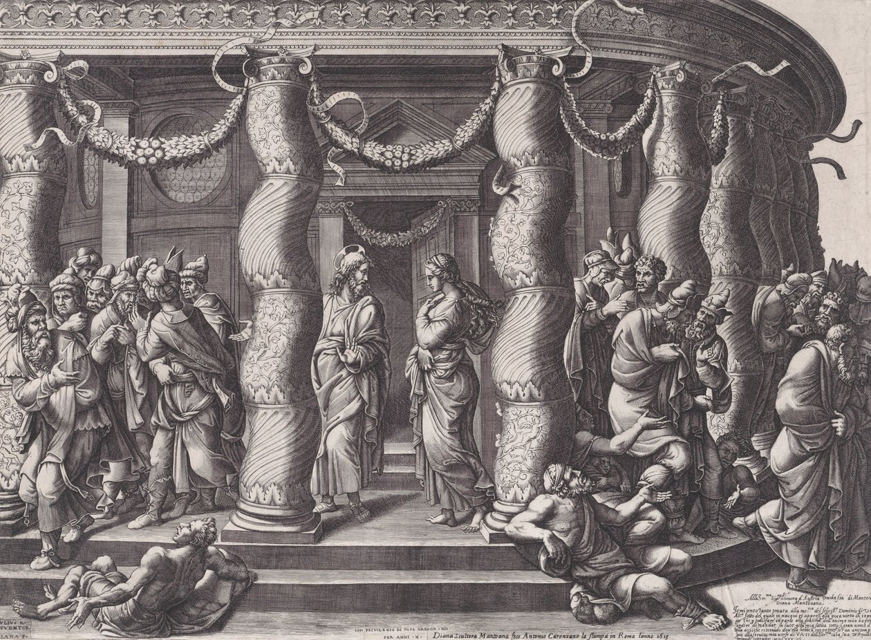 Kristus och kvinnan gripen i äktenskapsbrott, 1575 återutgiven 1613. av Diana Mantuana