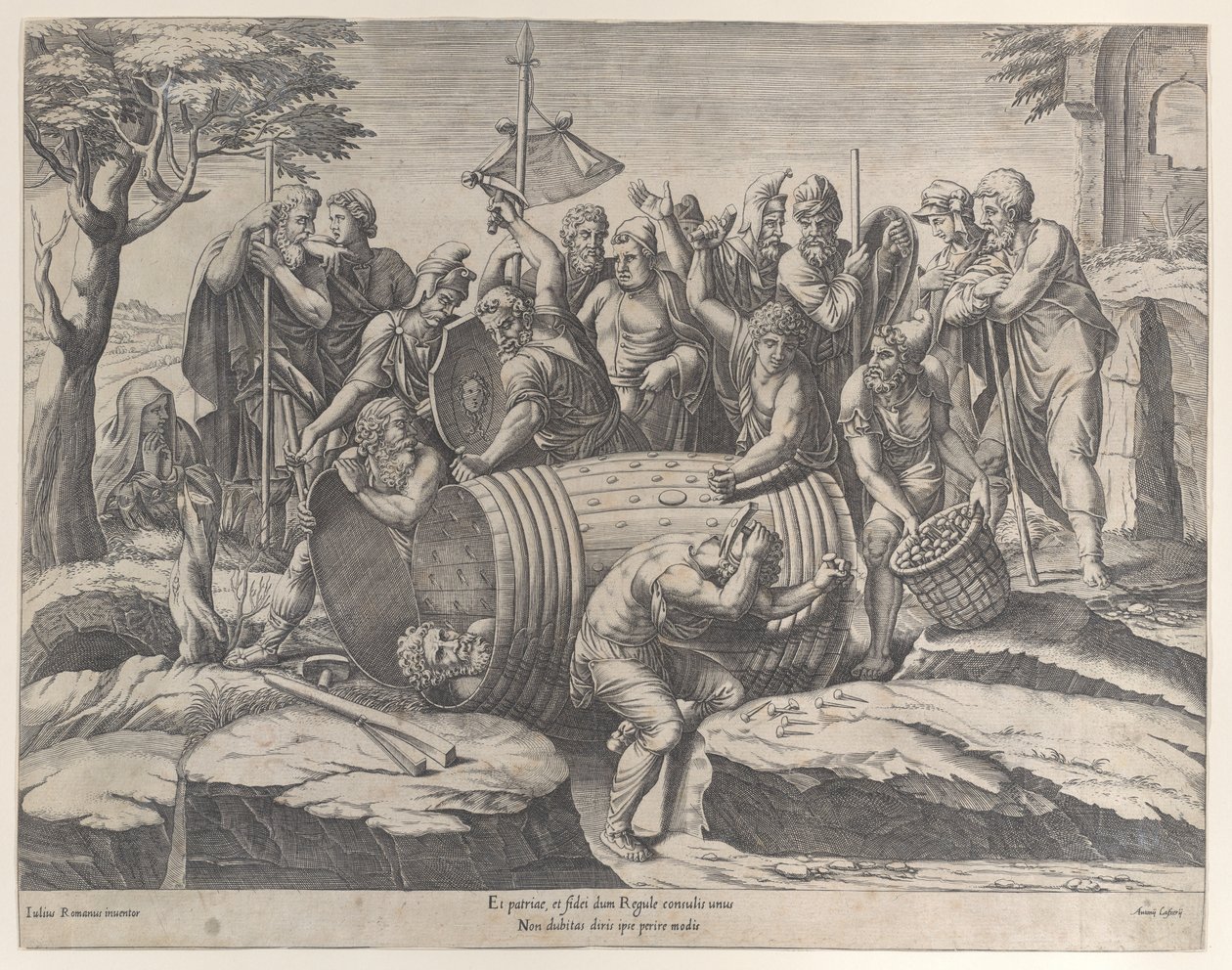 Marcus Atilius Regulus i en tunna medan två män hamrar i spikarna, diverse fi..., 1555-77. av Diana Mantuana