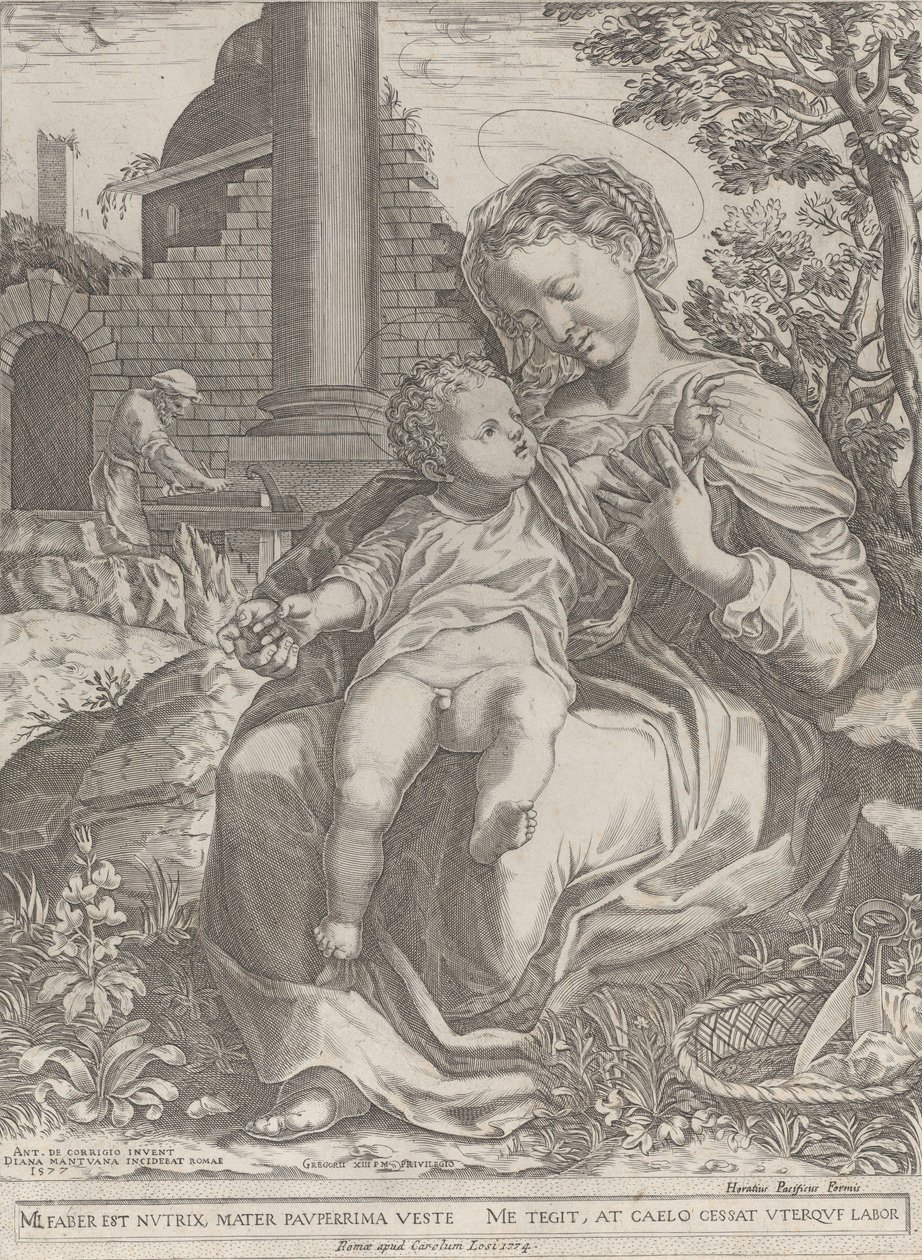Den heliga familjen i Egypten, med Josef som snickare i bakgrunden..., [1577], återutgiven 1774. av Diana Mantuana