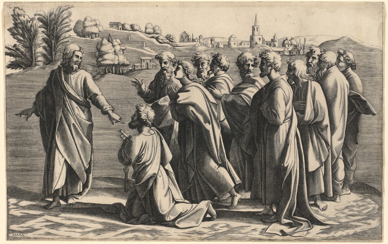 Kristus gör Sankt Peter till kyrkans huvud av Diana Scultori after Raphael
