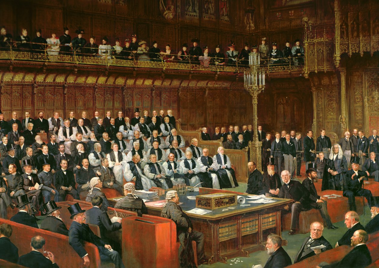 Hemstyredebatten i House of Lords, 1893, Lord Chancellor About to Still the Question, 1893 (detaljer) av Dickinson and Foster