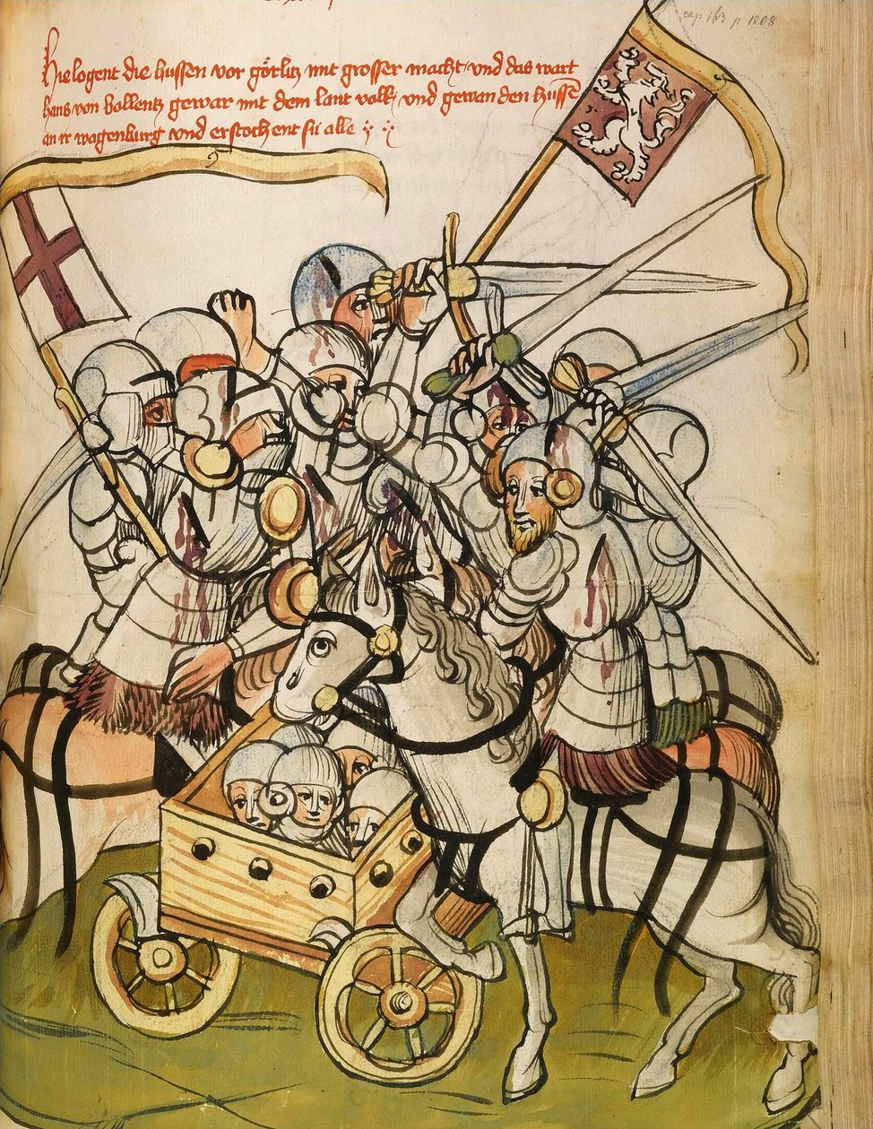 Stridsscen under de katolska korstågen mot hussiterna, anhängare till Jan Hus (eller Jean Huss av Diebold (workshop) Lauber