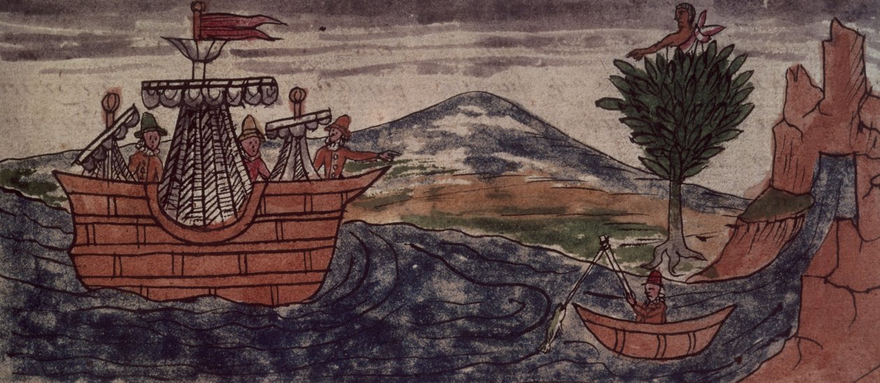 Fol.197v En indisk spion observerar ankomsten av ett spanskt fartyg på den mexikanska kusten, 1579 av Diego Duran
