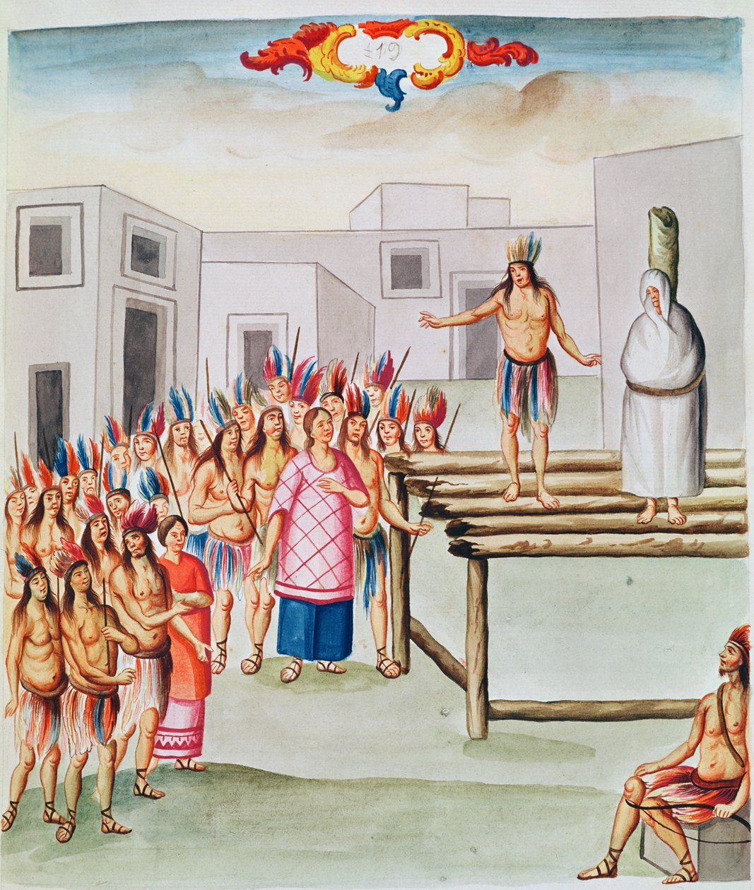 Tome 4 fol.19, Utsikt över Plaza de Thalco med en indier bunden till en påle, från "Teatro de la Nueva Espana", sent 1700-tal av Diego Garcia Panes y Avellan