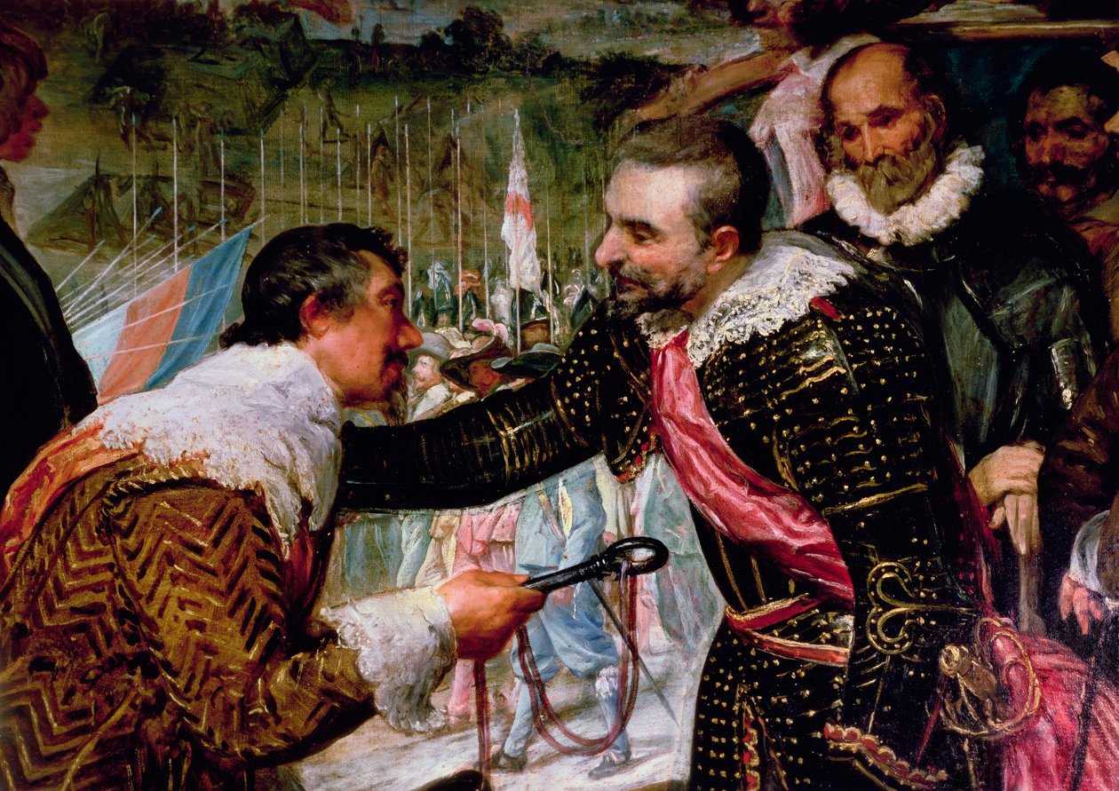 Överlämnande av Breda (1625), detalj av Justin de Nassau som överlämnar nycklarna till Ambroise Spinola (1569-1630) den 5 juni 1625, ca 1635 (detalj av 30730) av Diego Velázquez
