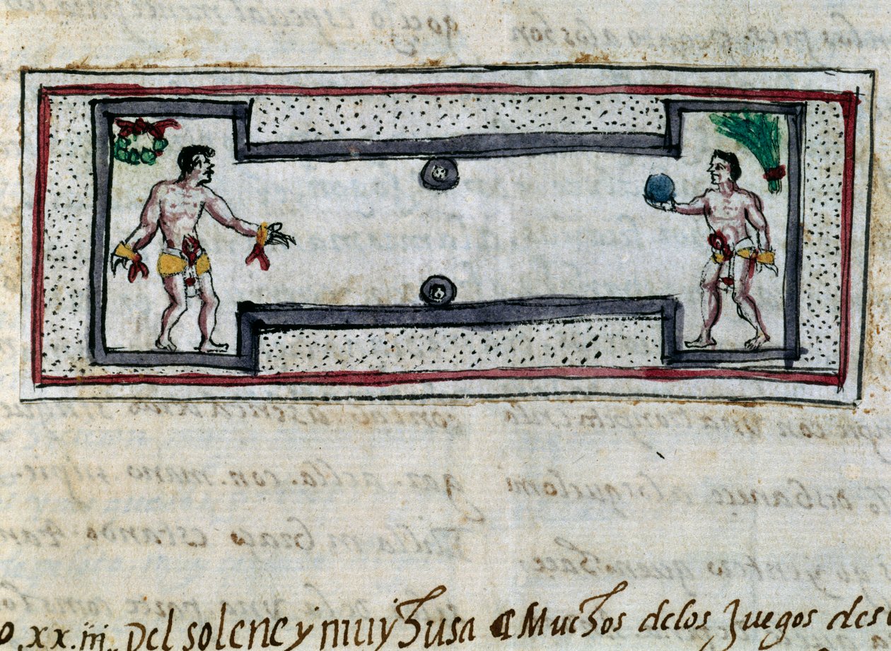 Azteker spelar pelota, miniatyr från History of Indies (Historia de las Indias) av Diego Duran (1537-1588), manuskript från 1579 av Diego Duran