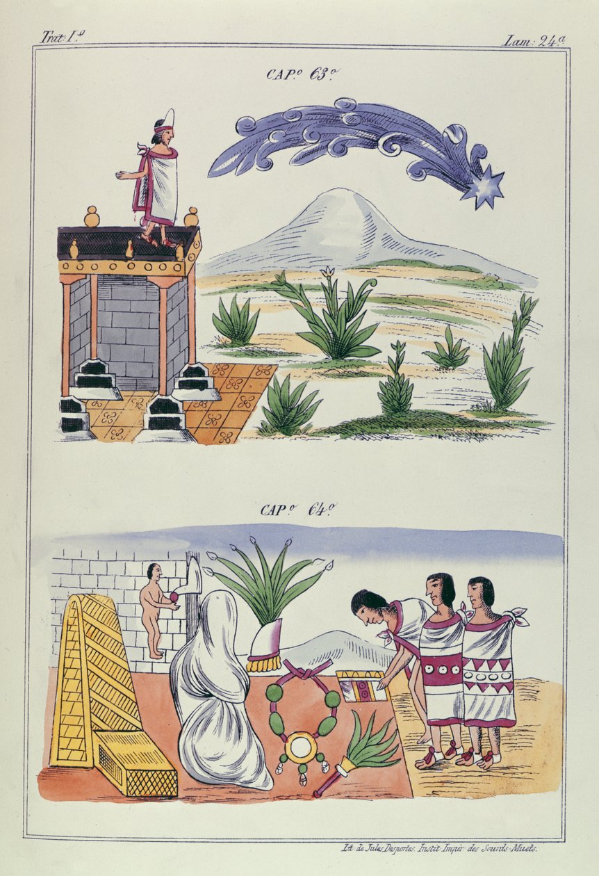 Kap 63 och kap 64, illustrationer från "Historia de las Indias de Nueva Espana y islas de tierra firme", med planscher av Jules Desportes, Mexiko, 1867-80. av Diego Duran
