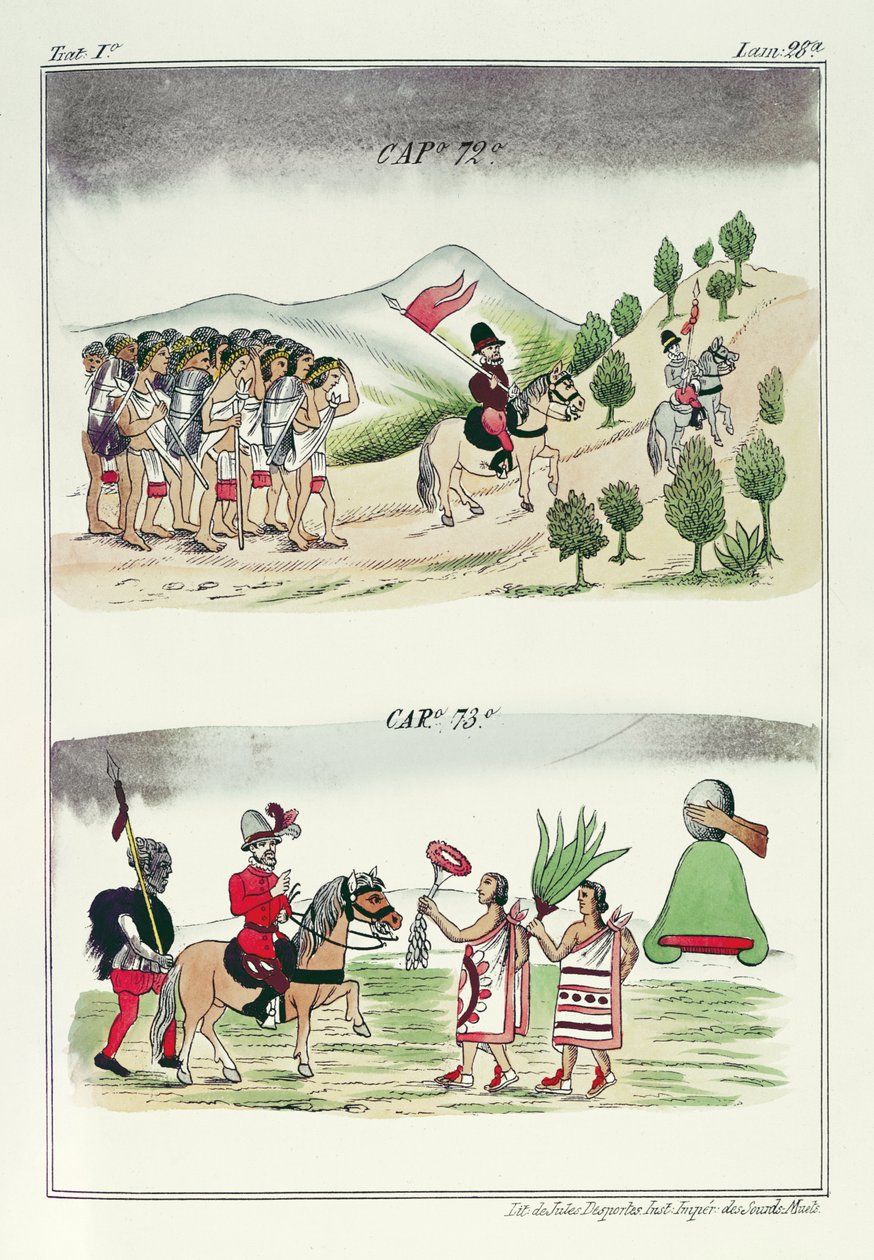 Kap 72 och kap 73, illustrationer från "Historia de las Indias de Nueva Espana y islas de tierra firme", med planscher av Jules Desportes, Mexiko, 1867-80. av Diego Duran