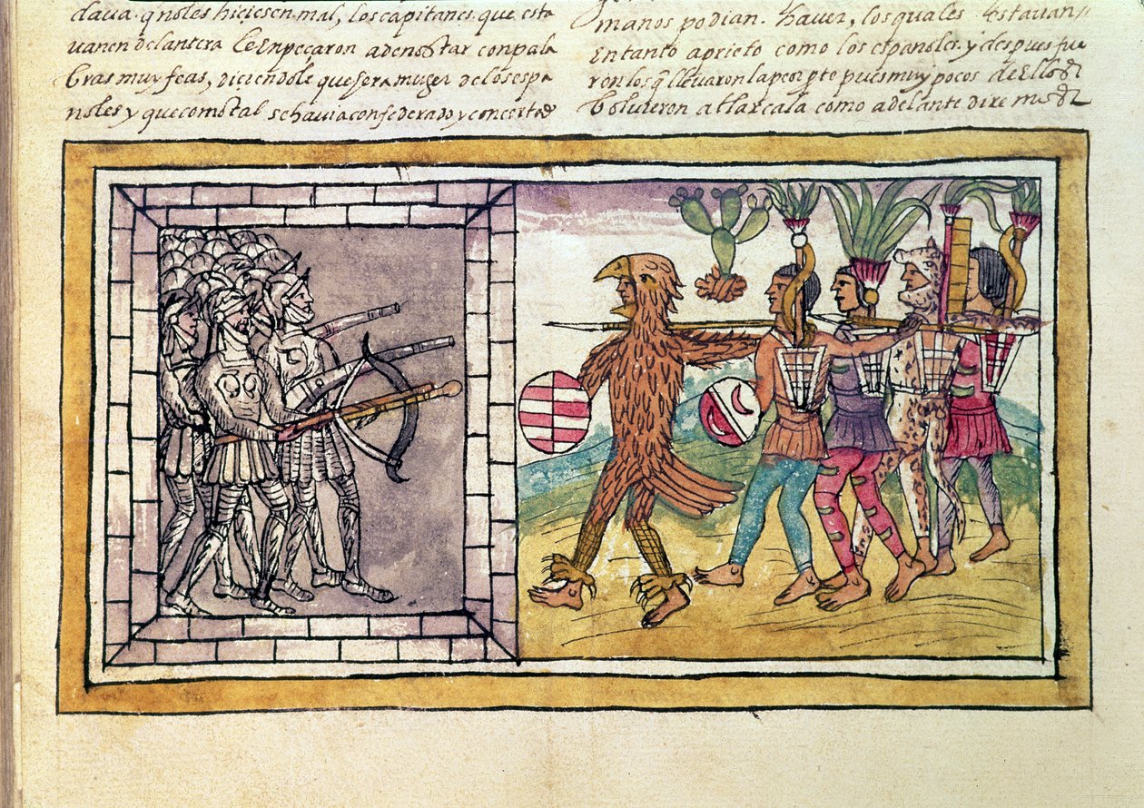 Codex Duran: Pedro de Alvarado (ca 1485-1541) vapenföljare till Hernando Cortes (1485-1547) belägrad av aztekiska krigare av Diego Duran