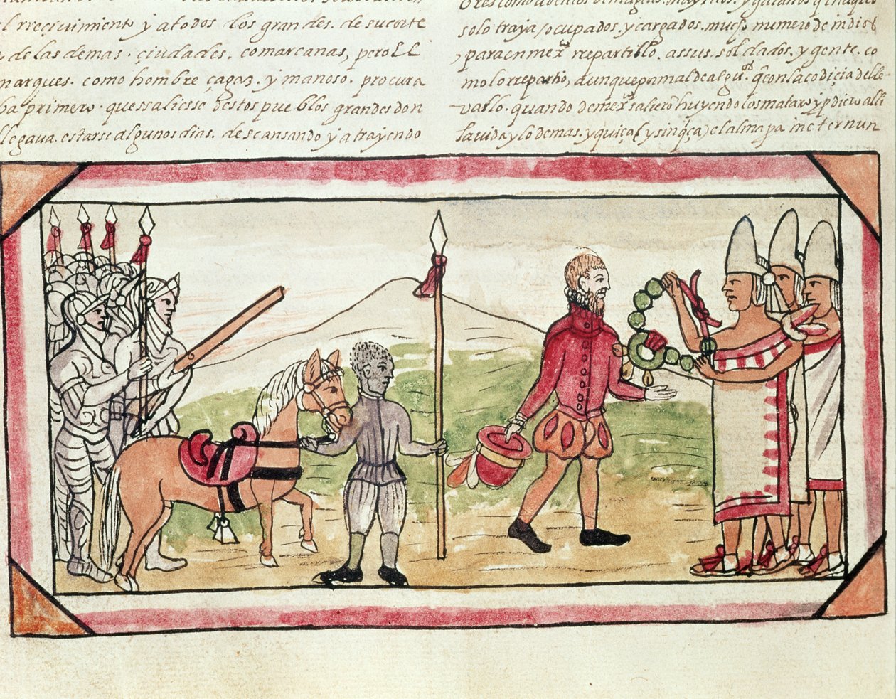 Fol.208v Meeting of Hernando Cortes (1485-1547) och Montezuma (1466-1520), miniatyr från 