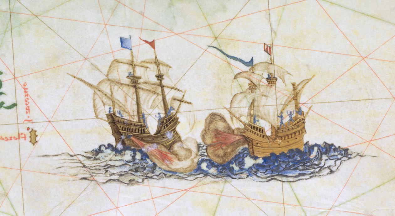 Lägg till 5415A f.10 Two Galleons Fighting, detalj från "Opus Geographicum" av Diego Homem